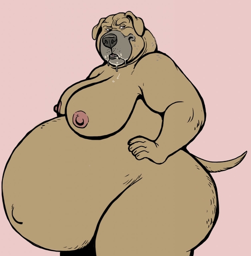 abstract_background anthro belly big_belly bodily_fluids breasts canid canine canis domestic_dog dramamine drooling female hi_res hyper hyper_belly looking_at_viewer mammal manly nipples nude overweight overweight_anthro overweight_female pregnant saliva solo thick_thighs tomboy // 1254x1280 // 119.9KB