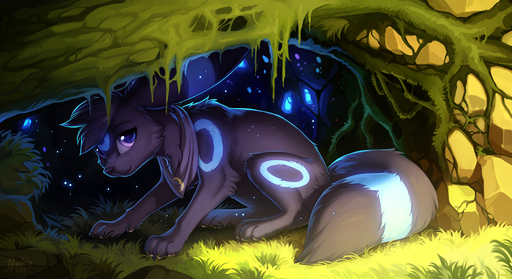 2019 4_toes amaya_(chezamoon18) ambiguous_gender black_body black_fur black_nose detailed_background digital_media_(artwork) eeveelution fan_character feet feral fur grass hioshiru looking_at_viewer moss paws plant pokemon_(species) purple_eyes shiny_pokemon sitting smile solo toes umbreon video_games // 1500x817 // 1.3MB