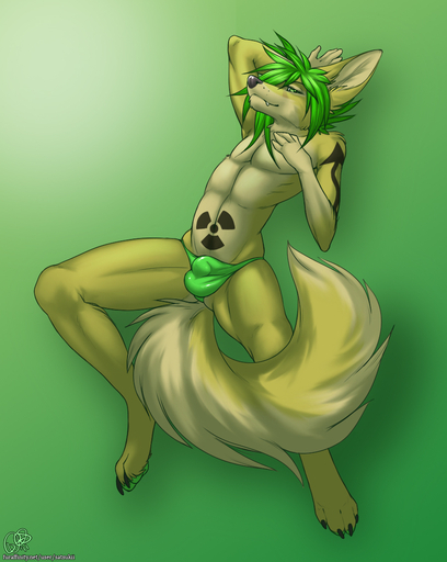 4_toes anthro barefoot big_ears biped black_nose bulge canid canine claws clothed clothing digital_media_(artwork) fangs feet fennec fox fur green_background green_eyes green_hair green_pawpads green_theme hair half-closed_eyes hand_behind_head leg_markings looking_at_viewer lying male mammal markings narrowed_eyes on_back panties pawpads paws pose radioactive relaxing satsukii seductive simple_background socks_(marking) solo spread_legs spreading tail_between_legs tattoo toes topless underwear vulpes yellow_body yellow_fur ziggy_zerda // 900x1130 // 410.9KB