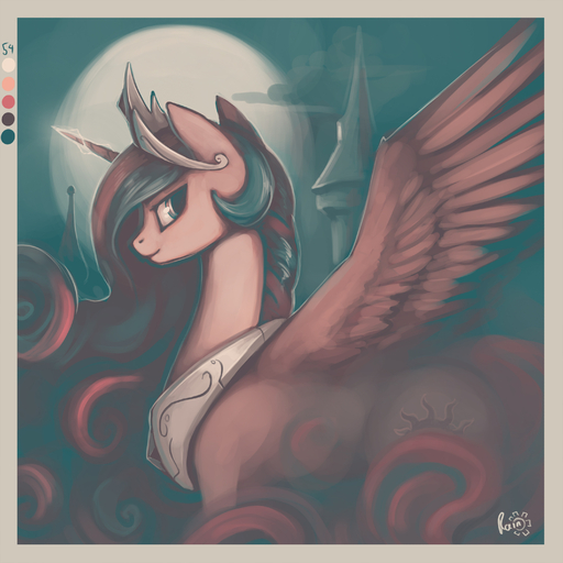 1:1 2016 absurd_res canterlot cloud crown cutie_mark digital_media_(artwork) digital_painting_(artwork) equid equine feathered_wings feathers female feral friendship_is_magic fur hair hasbro hi_res horn horse jewelry looking_at_viewer mammal moon multicolored_hair my_little_pony necklace outside photonoko princess_celestia_(mlp) purple_eyes restricted_palette sky smile solo spread_wings tower white_body white_feathers white_fur winged_unicorn wings // 3000x3000 // 1.8MB