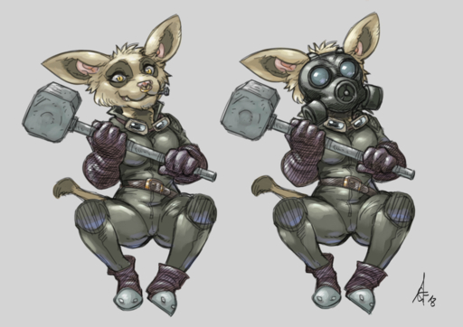 2018 anthro bodysuit breasts canid canine chibi clothed clothing crestfallenartist facial_piercing female fennec fox fully_clothed fur gas_mask gloves hammer handwear looking_at_viewer mammal mask nose_piercing nose_ring piercing signature skinsuit smile solo tight_clothing tools vulpes yellow_eyes // 1273x900 // 899.6KB