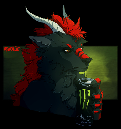 2019 5_fingers alpha_channel annoyed anthro arzhurenn beverage_can black_body black_fur black_nose claws digital_media_(artwork) dragon ears_down eyebrows fingers frown fur furred_dragon hair half-closed_eyes holding_can holding_object horn male markings monster_energy narrowed_eyes neck_tuft orange_eyes pivoted_ears ravoilie red_hair red_markings signature simple_background solo transparent_background tuft // 1000x1063 // 630.1KB