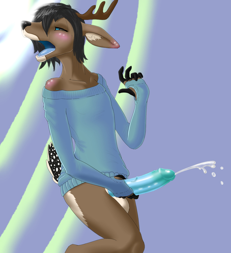 2013 abstract_background anthro antlers arm_warmers armwear balls big_balls big_penis blue_armwear blue_clothing blue_penis blue_tongue blue_topwear blush bodily_fluids bottomless brown_body brown_fur butt butt_heart cervid clothed clothing cum digital_media_(artwork) erection fingerless_(marking) fingerless_gloves fur genital_fluids genitals gloves handwear hi_res horn male mammal multicolored_penis off_shoulder open_mouth orgasm penis scruffythedeer simple_background solo sweater tongue topwear // 1371x1501 // 862.2KB