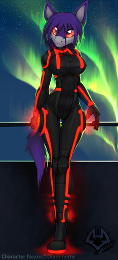 2015 anthro big_breasts biped boots breasts clothed clothing female footwear fur hair hi_res long_hair macmegagerc nexus_akanuva night purple_body purple_fur purple_hair red_eyes sky smile solo standing star thigh_gap tight_clothing tron_clothing unknown_species wide_hips // 682x1500 // 877.2KB