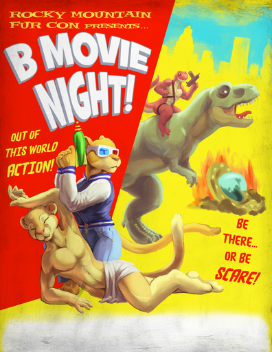2016 3d_glasses anthro b-movie convention digital_media_(artwork) dinosaur english_text felid fire fur gun lion male mammal movie_poster pantherine poster ranged_weapon raygun reptile rick_griffin scalie teeth text theropod tyrannosaurid tyrannosaurus tyrannosaurus_rex weapon // 680x880 // 757.0KB