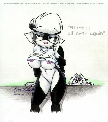 anthro big_breasts bottomless breasts clothed clothing clothing_lift edit english_text eric_schwartz eyewear featureless_crotch female glasses gloves_(marking) hair mammal markings mephitid navel nipples sabrina_(sabrina_online) sabrina_online shirt shirt_lift simple_background skunk solo teasing text topwear under_boob webcomic webcomic_character white_background white_hair zig_zag // 950x1071 // 1.1MB