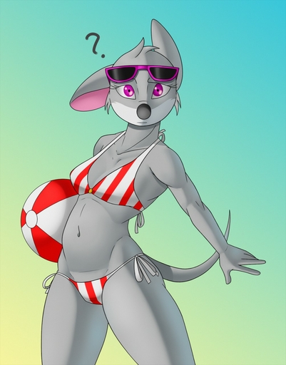 ? anthro ball beach_ball bikini black_nose breasts clothed clothing creatiffy eyewear female fully_clothed fur grey_body grey_fur hi_res inflatable looking_at_viewer mammal mouse murid murine navel pattern_bikini pattern_clothing pattern_swimwear purple_eyes rodent side-tie_bikini simple_background small_breasts solo striped_bikini striped_clothing striped_swimwear stripes sunglasses swimwear thea_stilton white_body white_fur // 1003x1280 // 149.1KB