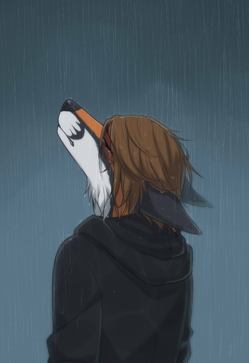 2017 absurd_res anthro black_body black_fur black_nose bodily_fluids brown_hair canid canine clothed clothing crying dark depression egsaku_(character) fox fully_clothed fur grey_background hair hi_res hoodie male mammal multicolored_body multicolored_fur orange_body orange_fur raining simple_background solo standing tears topwear two_tone_body two_tone_fur viskasunya water wet white_body white_fur // 2297x3337 // 852.6KB