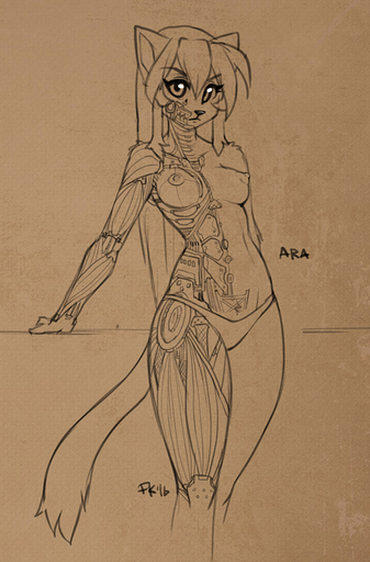 2016 android anthro ara breasts clothed clothing cybernetics domestic_cat felid feline felis female fluff-kevlar hair leaning long_hair looking_at_viewer machine mammal monochrome nipples panties robot science_fiction sketch solo standing thong topless underwear // 583x887 // 190.0KB