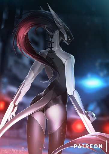 acrador anthro arm_blades assassin blade canid canine canis cassia_(siberia-gravity) clothing detailed_background female hair hi_res jackal long_hair mammal mindmachine red_hair slim solo spikes standing // 900x1269 // 1.3MB