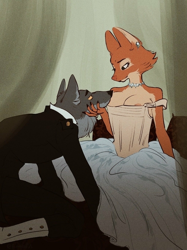 alternate_universe anthro areola areola_slip black_nose breasts canid canine canis classy cleavage cleavage_overflow clothed clothing curtains diane_foxington dress duo ear_piercing ear_ring eye_contact female fox fur furgonomics grey_body grey_fur hi_res holding_chin intimate jewelry krappycup looking_at_another love male malefemale mammal mr._wolf_(the_bad_guys) necklace off_shoulder orange_body orange_fur piercing smile suit wolf yellow_eyes // 1024x1366 // 312.2KB