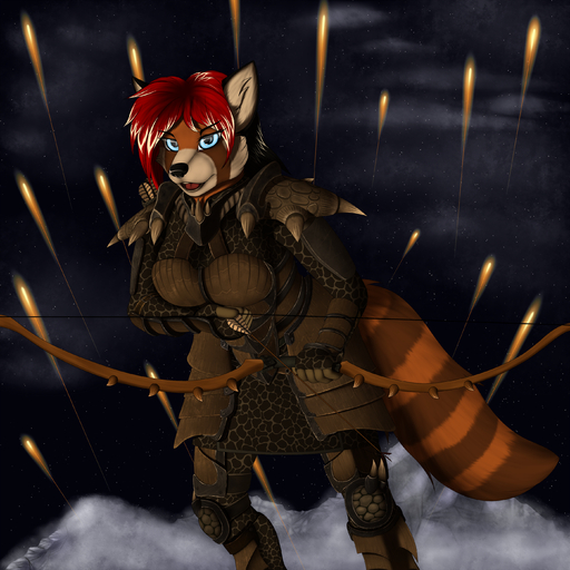 1:1 absurd_res ailurid anthro arrow bethesda_softworks black_nose blue_eyes bow_(weapon) clothed clothing female hair hi_res holding_object holding_weapon mammal open_mouth quiver ranged_weapon red_hair red_panda sky skyrim solo star starry_sky tales_foxdale teeth the_elder_scrolls tongue video_games weapon // 2800x2800 // 5.4MB