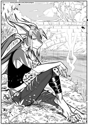 4_toes 5_fingers alanscampos anthro biped breasts cigarette clothed clothing detailed_background dragon ear_piercing feet female fingers greyscale hair hi_res membrane_(anatomy) membranous_wings midriff monochrome non-mammal_breasts outside piercing ring sitting smoking solo toes white_hair wings // 1056x1500 // 604.7KB