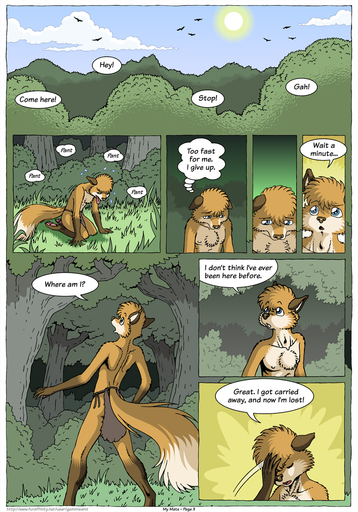 2015 anthro biped blue_eyes bottomwear breath canid canine clothed clothing comic detailed_background dialogue english_text facepalm farin forest fox fur furgonomics geminisaint gloves_(marking) hi_res kneeling leg_markings loincloth male mammal markings nature panting plant rear_view socks_(marking) solo speech_bubble standing tail_clothing text topless tree tribal // 896x1280 // 489.5KB