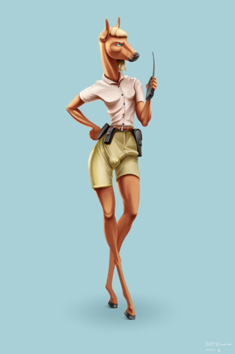 2:3 anthro belt bottomwear bulge clothed clothing colored edit equid equine genital_outline gynomorph hand_on_hip hi_res horse intersex long_neck mammal penis_outline radio shorts simple_background solo standing uniform walkie_talkie zaggatar // 1500x2250 // 980.2KB