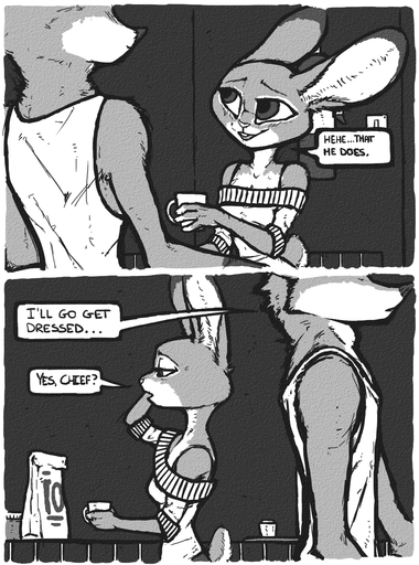 anthro boxers_(clothing) canid canine clothing comic dialogue disney english_text female fox hi_res judy_hopps lagomorph leporid luraiokun mammal monochrome nick_wilde rabbit text underwear zootopia // 950x1280 // 1.0MB