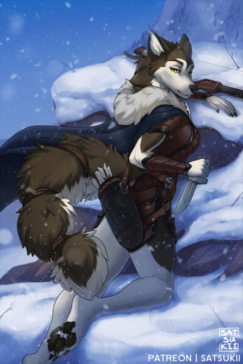 2020 4_toes anthro armello barefoot black_pawpads bow_(disambiguation) canid canine canis cape claws clothed clothing feet female fur_clothing fur_coat fur_collar kneeling knife looking_at_viewer looking_back mammal outside pawpads river_(armello) satsukii snow soles solo toes video_games wolf // 667x1000 // 1.1MB
