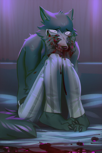 2020 2:3 anthro barefoot beastars belt blood blood_on_arm blood_on_clothing blood_on_face blood_on_ground blood_on_hand blood_on_mouth bodily_fluids bottomwear canid canine canis claws clothed clothing countershade_face countershading digital_media_(artwork) distraught distressed feet fur grey_body grey_fur hand_on_face instincts knees_pulled_up knees_together legoshi_(beastars) looking_down male mammal miles_df multicolored_body multicolored_fur on_ground open_mouth pants sad scared sitting solo teeth toe_claws toes topless topless_male tragedy two_tone_body two_tone_fur white_body white_countershading white_fur wolf // 600x900 // 480.4KB