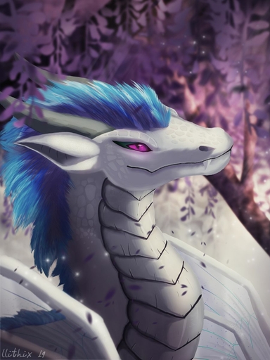 2019 3:4 blue_hair day detailed_background digital_media_(artwork) dragon hair hi_res horn kalfy llithix membrane_(anatomy) membranous_wings outside purple_eyes scales scalie sky western_dragon white_body white_scales wings // 900x1200 // 109.8KB