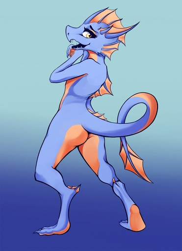 2021 ambiguous_gender anthro blue_background blue_body butt claws frill_(anatomy) gradient_background hi_res kobold looking_at_viewer nude open_mouth rear_view sharp_teeth simple_background solo standing tail_frill teeth xzorgothoth yellow_eyes // 928x1280 // 664.9KB