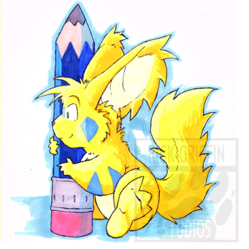 1:1 2007 ambiguous_gender arm_markings blue_markings facial_markings fur green_eyes head_markings low_res markings pencil_(object) ponbon rick_griffin simple_background sitting solo unknown_species watermark white_background yellow_body yellow_fur // 478x478 // 96.9KB