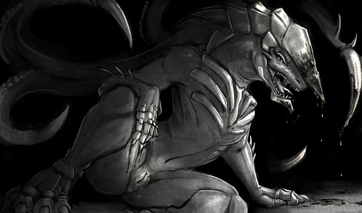 2019 absurd_res alien blood bodily_fluids carrot_(artist) claws female feral front_pussy genitals greyscale hi_res hybrid khanivore love_death_+_robots monochrome monster netflix pussy solo toe_claws // 3688x2168 // 3.6MB