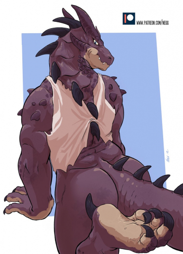 anthro big_butt bottomless butt claws clothed clothing dragon fangs hi_res looking_at_viewer looking_back male muscular muscular_anthro muscular_male negger patreon scalie shirt signature simple_background solo spines standing tank_top text topwear torn_clothing url watermark // 876x1214 // 110.3KB