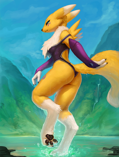 2018 3_toes absurd_res anthro armwear black_sclera blue_eyes breasts butt butt_pose canid canine clothed clothing detailed_background digimon digimon_(species) digital_media_(artwork) digitigrade feet female fur hi_res long_legs looking_at_viewer looking_back mammal mountain neck_tuft one-piece_swimsuit open-back_swimsuit outside pawpads photonoko pose rear_view renamon solo sport_swimsuit swimwear thick_thighs toes tuft water wet yellow_body yellow_fur // 1900x2500 // 1.6MB
