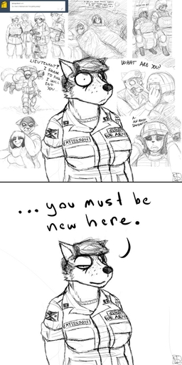 1:2 2018 anthro army avery_von_kellerman big_breasts black_and_white breasts canid canine canis clothed clothing comic daydream dialogue domestic_dog dream english_text female flashback fox fully_clothed hi_res hladilnik humor mammal military monochrome peggy_patterson ptsd samantha_thott savagelyrandom simple_background soldier text text_on_clothing text_on_topwear topwear tumblr_ask uniform warrior // 640x1280 // 228.9KB