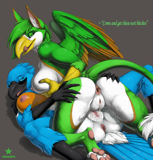 4_toes 5_fingers anthro anthro_on_anthro anus areola avian beak black_beak blaine_(truegrave9) blue_body blue_eyes blue_fur bodily_fluids breasts butt duo ear_piercing ear_ring eyebrows eyelashes feathered_wings feathers feet female femalefemale fingers fur genital_fluids genitals green_body green_feathers green_fur gryphon hawkthorn hi_res mythological_avian mythology nipples non-mammal_breasts pawpads paws piercing pink_pawpads pussy pussy_juice sex simple_background soles toes tribadism truegrave9 vaginal wings // 2000x2100 // 2.9MB
