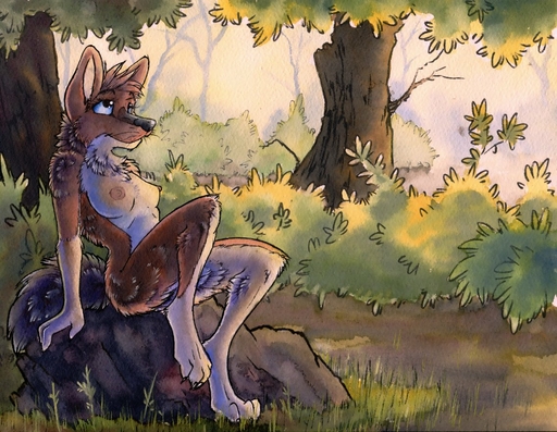 anthro breasts canid canine detailed_background dhole female forest mammal mixed_media nature nipples nude outside painting_(artwork) pen_(artwork) plant ruaidri solo traditional_media_(artwork) tree watercolor_(artwork) // 1137x882 // 257.2KB