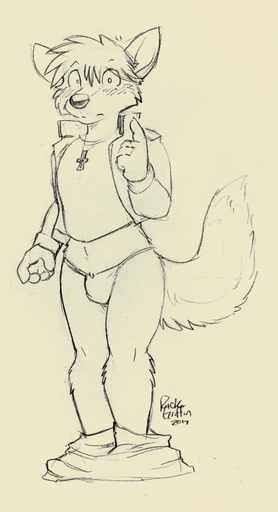 anthro canid canine canis chris_hayabusa clothed clothing embarrassed fur hair jacket jewelry male mammal monochrome necklace pants_down partially_clothed rick_griffin shirt sketch solo surprise t-shirt thong topwear underwear wolf // 560x1030 // 121KB