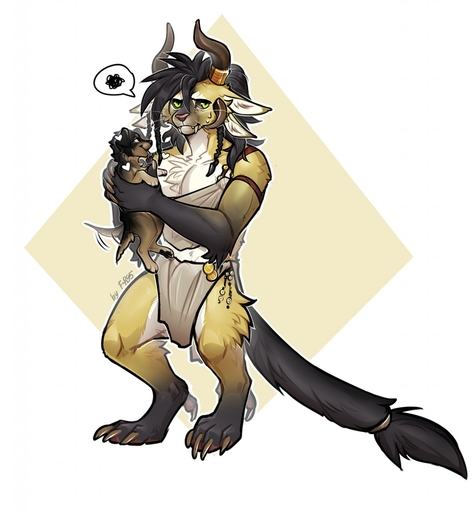 ambiguous_gender anthro arm_tuft charr cheek_tuft chest_tuft clothed clothing dewclaw digital_media_(artwork) duo elbow_tufts f-r95 facial_tuft felid female feral flat_chested fur green_eyes guild_wars hair hi_res horn inner_ear_fluff leg_tuft long_tail mammal multi_ear muscular muscular_female pawpads paws shaded standing tailwag teeth tuft video_games // 1190x1280 // 160KB