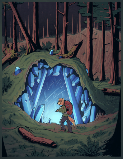 animated backpack canid canine canis cave coyote crystal detailed_background digital_media_(artwork) forest ghost glopossum hi_res hiking horror_(theme) male mammal moss nature outside plant short_playtime spirit tree // 988x1280 // 6.8MB