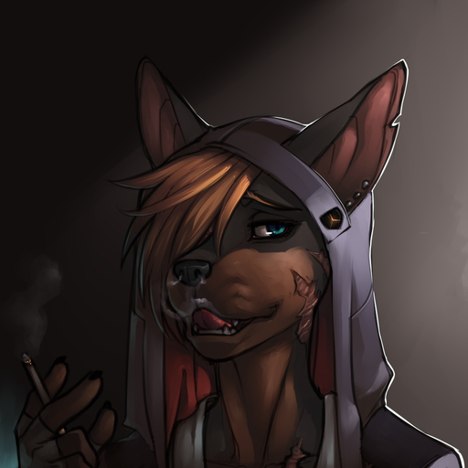 1:1 abstract_background ambiguous_gender anthro blue_eyes canid canine canis cigarette clothing dobermann domestic_dog faint gloves hair handwear mammal pinscher prick_ears red_hair scar simple_background smoke smoking solo tongue tongue_out // 1000x1000 // 527.7KB