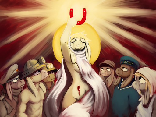 4:3 absurd_res anthro asinus blonde_hair blood bodily_fluids breasts clothing donkey equid equine female group hair hat headgear headwear hi_res hladilnik horse horseshoe light male mammal religion scarf sunlight wounded // 4000x3000 // 6.5MB