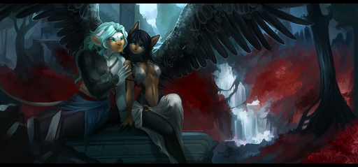 anthro black_bars black_body black_feathers breasts clothed clothing detailed_background digital_media_(artwork) duo feathered_wings feathers felid female hi_res hybrid juliathedragoncat lion male mammal midriff navel pantherine sitting wide_hips wings // 3000x1400 // 4.2MB