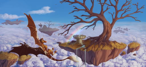 2018 ambiguous_gender brown_body brown_fur cloud cloudscape day detailed detailed_background digital_media_(artwork) dragon feral floating_island flying fountain fur grass outside plant rainbow sky solo tail_tuft tree tuft water wings wyvern yoshithepanther // 1280x589 // 1021.5KB