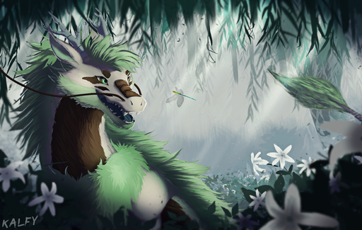 2019 absurd_res ambiguous_gender day detailed_background digital_media_(artwork) dragon feral fur furred_dragon grass green_body green_eyes green_fur green_hair hair hi_res kalfy open_mouth outside plant solo teeth tongue tree // 4982x3166 // 13.6MB