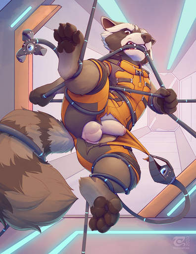 2020 4_toes anthro balls bite brown_body brown_fur claws clothed clothing detailed_background erection feet foreskin fur genitals hi_res machine male mammal pawpads paws penis procyonid raccoon rocket_raccoon teeth thesecretcave toe_claws toes torn_clothing uncut // 989x1280 // 1.8MB