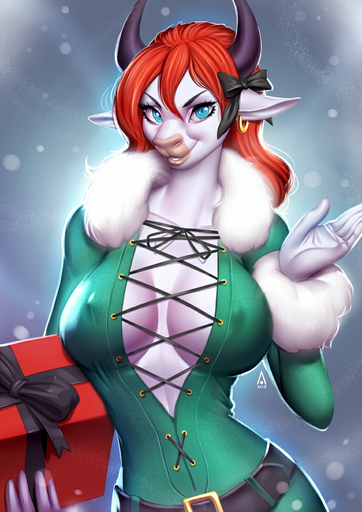 2015 5_fingers >:d accessory alanscampos anthro belt big_breasts black_horn blue_eyes bovid bovine bow_knot breasts cattle cleavage clothed clothing digital_media_(artwork) ear_bow ear_piercing ear_ring female fingers fur fur_trim_(clothing) gift hair hair_accessory hair_bow hair_ribbon half-length_portrait holding_gift holding_object horn jumpsuit lacing long_hair looking_at_viewer lucinda_bullworth_jackson mammal nipple_outline piercing portrait red_hair ribbons simple_background smile snow snowing solo year // 777x1100 // 476.4KB