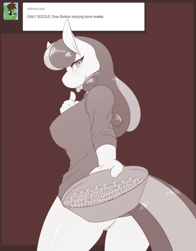 2015 absurd_res anthro anthrofied ask_blog avante92 bonbon_(mlp) bottomless bowl brown_theme candy clothed clothing container dessert digital_media_(artwork) earth_pony english_text equid equine female food genitals hair hi_res horse mammal monochrome multicolored_hair pony pussy solo text two_tone_hair user_avatar // 2640x3380 // 1.0MB