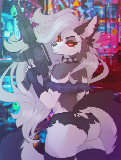 anthro assault_rifle big_tail bottomwear butt canid canid_demon choker clothed clothing crop_top cutoffs demon denim denim_clothing ear_piercing ear_ring female fingerless_gloves fur gloves gun hair handwear hellhound hi_res hotpants jewelry legwear looking_at_viewer looking_back loona_(helluva_boss) mammal multicolored_body multicolored_fur necklace necromeowncer piercing ranged_weapon rear_view red_sclera rifle shirt shorts skimpy solo thigh_highs topwear torn_bottomwear torn_clothing torn_shorts weapon white_body // 1500x1987 // 261.5KB
