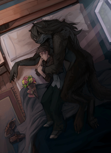 absurd_res anthro bed bouquet canid canine canis clothing cuddling duo eyes_closed female female_on_human flower_bouquet furniture hair hi_res human human_on_anthro interspecies larger_anthro larger_female male malefemale male_on_anthro mammal romantic_couple size_difference sleeping smaller_human smaller_male spooning vanchamarl were werecanid werecanine werewolf wolf zephra // 1850x2542 // 5.2MB