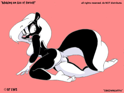 1997 4:3 anthro butt eric_schwartz female hair looking_back mammal mephitid nude pink_background pink_nose simple_background skunk solo stacey_(disambiguation) text tongue tongue_out white_hair // 800x600 // 13.4KB