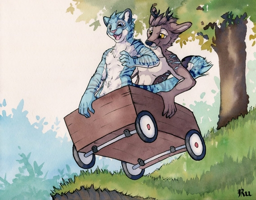 anthro antlers blue_body blue_fur calvin_and_hobbes cervid duo felid friends fur happy horn male mammal nude open_mouth pantherine parody plant ruaidri tiger traditional_media_(artwork) tree wagon // 1140x889 // 200.9KB