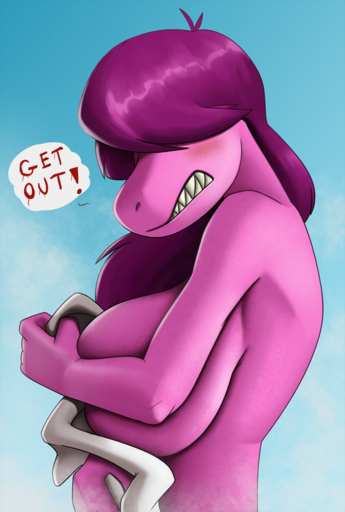 alternate_version_at_source anthro big_breasts blue_background blush breasts covering covering_breasts covering_self creatiffy dialogue female hair hi_res huge_breasts non-mammal_breasts nude purple_body purple_hair scalie showing_teeth simple_background solo speech_bubble susie_(deltarune) video_games // 1079x1600 // 3.1MB