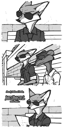 anthro bench canid canine clothed clothing comic disney duke_weaselton duo english_text eyewear fox fur hi_res least_weasel luraiokun male mammal monochrome mustela mustelid musteline necktie nick_wilde on_bench sunglasses text true_musteline zootopia // 950x1917 // 1.1MB