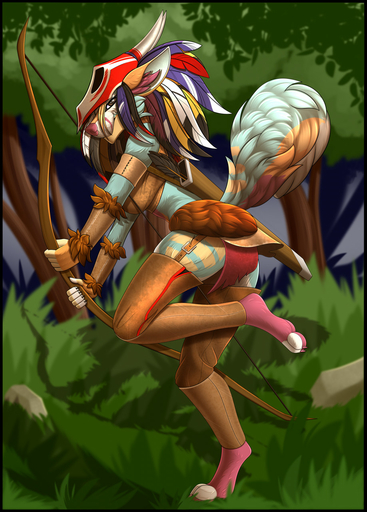 2020 5_fingers anthro brown_eyes canid canine clothed clothing day detailed_background digital_media_(artwork) feet female fingers forest grass hi_res holding_bow holding_object holding_weapon mammal outside plant smile solo tales_foxdale toes tree weapon // 918x1280 // 296.5KB