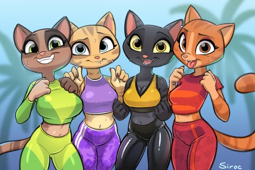 2021 absurd_res anthro black_body black_fur blue_eyes bodily_fluids breasts brown_body brown_eyes brown_fur catty_baby cleavage clothed clothing domestic_cat felid feline felis female fur gg_wild green_eyes group hi_res looking_at_viewer mammal multicolored_body multicolored_fur open_mouth orange_body orange_fur siroc sweat tan_body tan_fur teeth tiger_lily_(tito_lizzardo) tongue tongue_out two_tone_body two_tone_fur yellow_eyes yellow_sclera // 3907x2600 // 1010.4KB